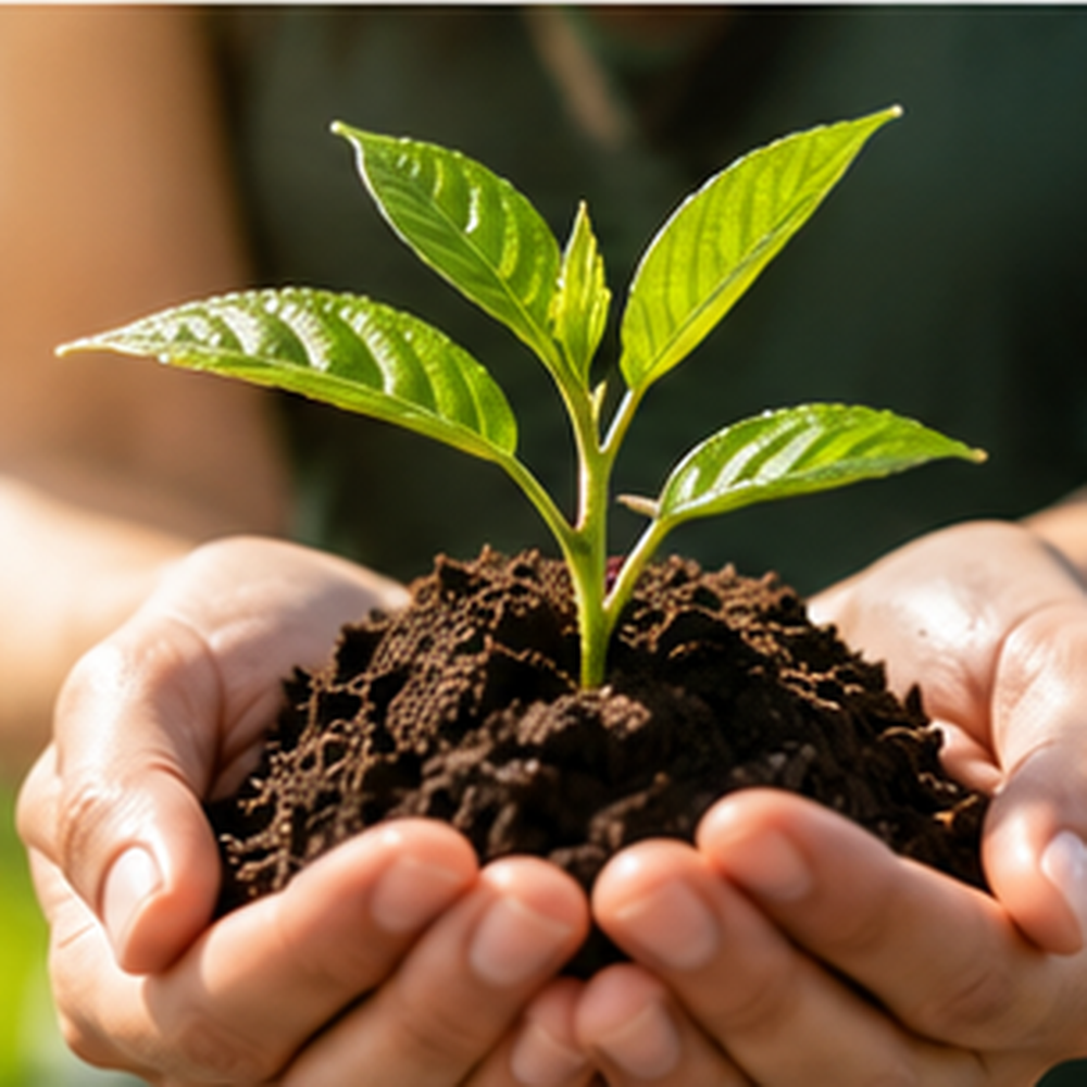 Hands nurturing a young green plant in soil